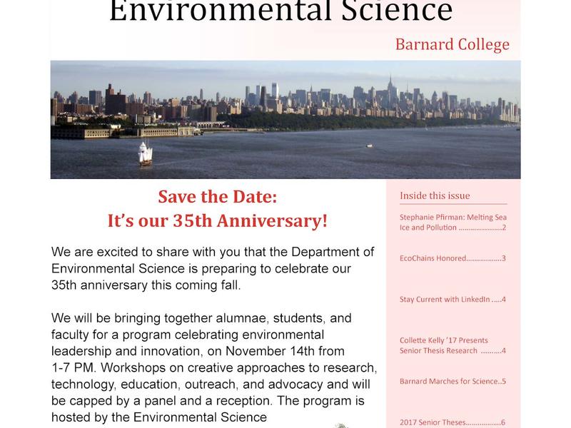 spring 2017 newsletter for department of environmental science at Barnard