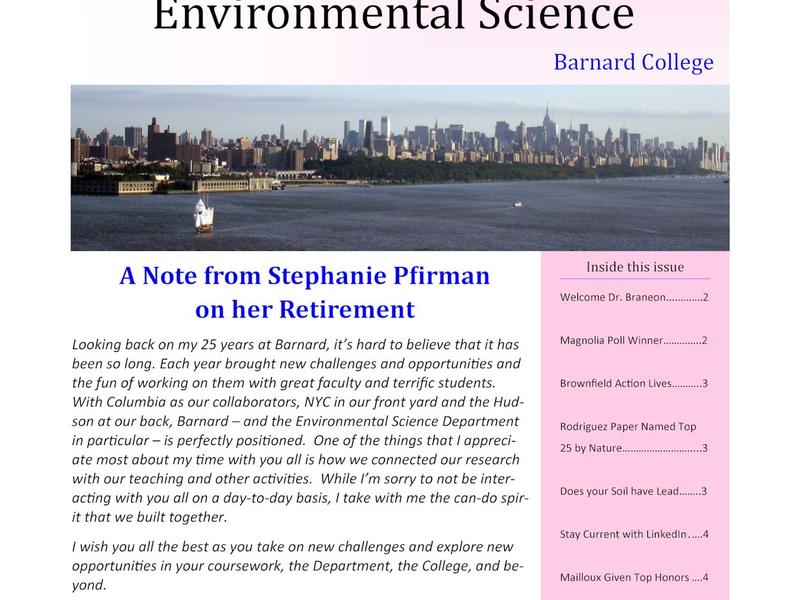 A note from Stephanie Pfirman on her retirement, spring 2018 env science news